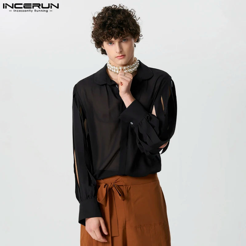 Fashion Casual Style Tops INCERUN Men Lace Perspective Sleeve Design Shirts Streetwear Male Solid Long Sleeved Blouse S-5XL 2024