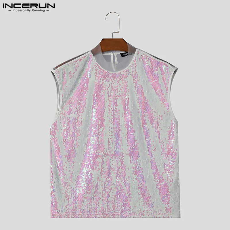 INCERUN Tops 2024 American Style Fashion Men Glittering Sequin Design Vests Male Personality Hot Sale Sleeveless Tank Tops S-5XL