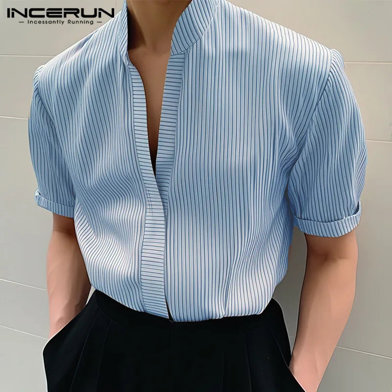 INCERUN Tops 2024 Koreanische Stil Neue Männer Gestreiften Stehkragen Design Shirts Freizeit Streetwear Heißer Verkauf Kurzarm Bluse S-5XL