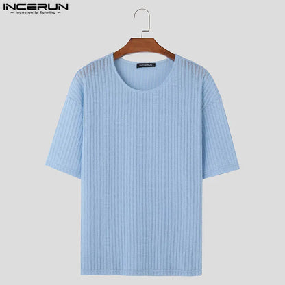 INCERUN Tops 2024 American Style Men's Thin Slightly Transparent Stripe Texture T-shirt Summer Casual Half Sleeve Camiseta S-5XL