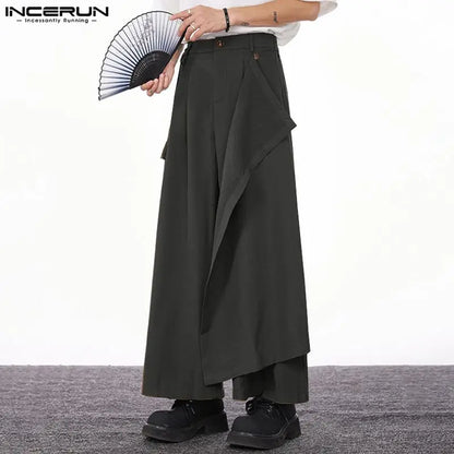 INCERUN 2024 Korean Style Trousers New Men's Solid Loose Wide Leg Long Pants Casual Simple Male patchwork Drape Pantalons S-5XL