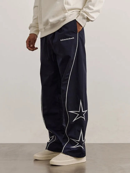 HOUZHOU Y2K Star Parachute Pants Men Streetwear Sports Wide Leg Trousers Male Workwear Hip Hop Harajuku Sweatpants Embroidery