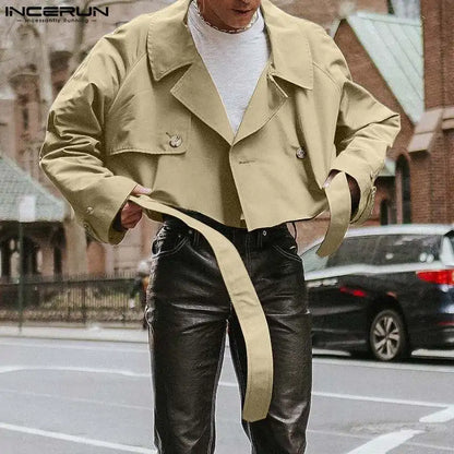 INCERUN Tops 2023 Style américain Beau Nouveau Hommes Solide Court Cravate Conception Veste Décontractée Homme Revers Trench Veste Manteaux S-5XL