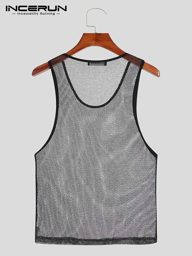 Gilet étincelant pour hommes, style boîte de nuit de fête, nouveau gilet sexy élégant en maille transparente sans manches S-5XL INCERUN Tops 2023