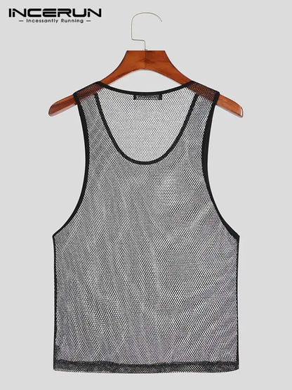 Party Nightclubs Style New Men's Sparkling Waistcoat Sexy Stylish Male See-through Mesh Sleeveless Vests S-5XL INCERUN Tops 2023