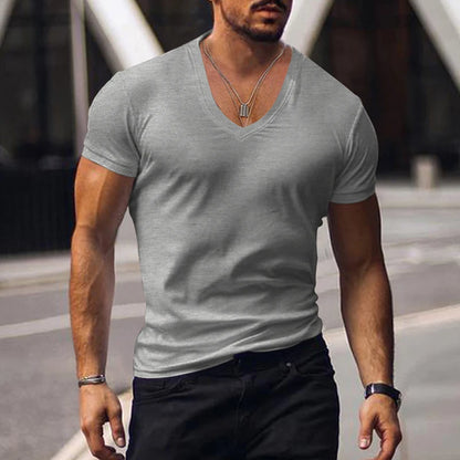 2023 men's T-shirt cross-border clothing European and American foreign trade men's V-neck solid color casual short sleeved T-shi