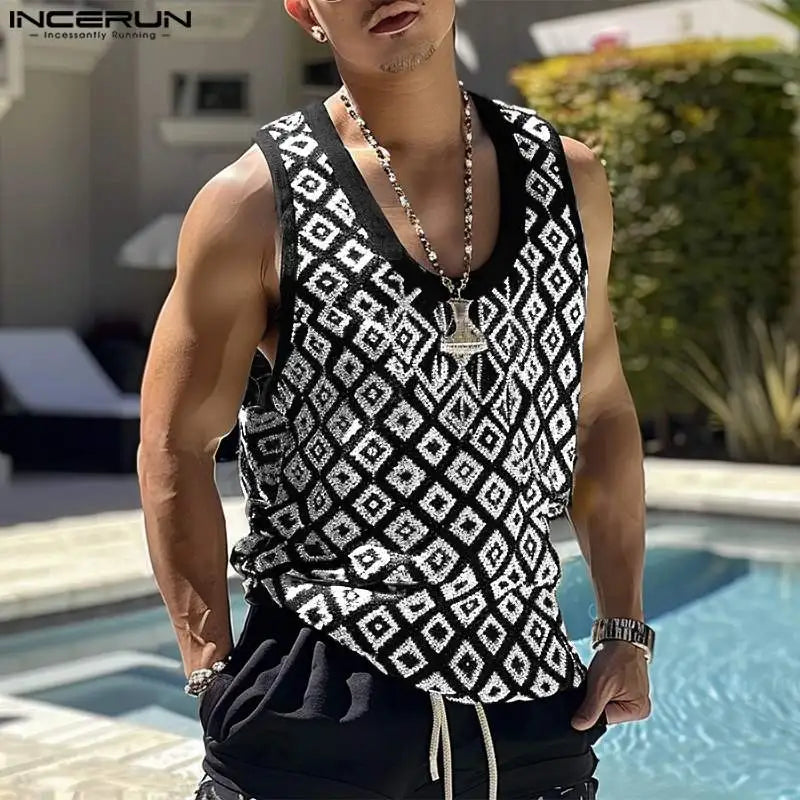 Hübsche, gut sitzende Oberteile INCERUN Herrenmode U-Ausschnitt Druckwesten Sommer Casual Streetwear Ärmellose Tanktops S-5XL 2024