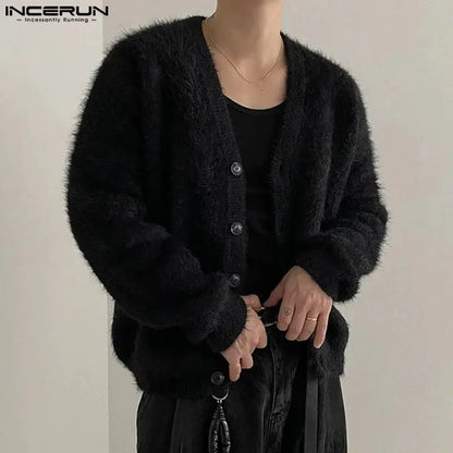 INCERUN Hommes Pulls Couleur Unie En Peluche Col En V À Manches Longues Cardigan Décontracté Hommes Streetwear 2023 Mode Loisirs Tricoté Vêtements D'extérieur