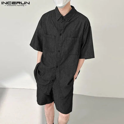 INCERUN 2024 Korean Style Sets Stylish Men's Short Sleeved Shirts Shorts Leisure Streetwear Male Solid Color Suit 2 Pieces S-5XL