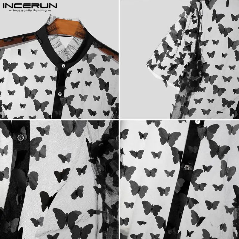 INCERUN Tops 2024 American Style Fashion Men Personality Print Shirts Sexy Male Clubwear Thin Cropped Short Sleeved Blouse S-5XL