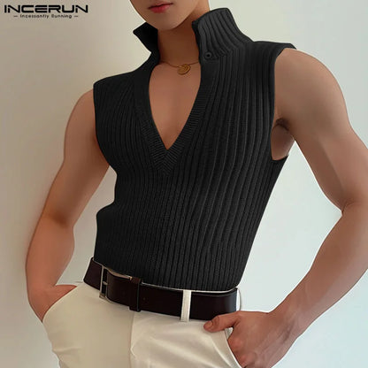 INCERUN Tops 2024 Korean Style Men's Solid Knitted Texture Vests Casual Streetwear Summer Hot Selling Sleeveless Tank Tops S-5XL