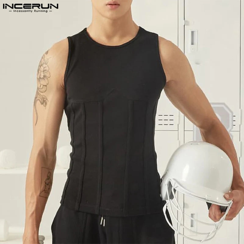 Handsome Well Fitting Tops INCERUN New Mens O-neck Patchwork Line Vests Casual Streetwear Personality Sleeveless Tank Tops S-5XL