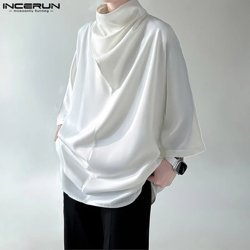 2023 Men Shirt Solid Color Turtleneck 3/4 Sleeve Loose Casual Men Clothing Streetwear Korean Fashion Irregular Shirts INCERUN