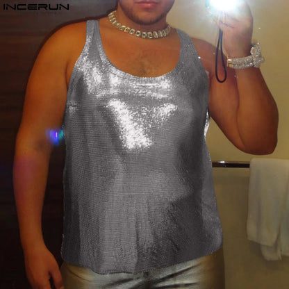 Modische, gut sitzende Oberteile INCERUN Sexy Herren-Unterhemden aus Laser-Flash-Stoff, lässige Clubwear, ärmellose Tanktops mit U-Ausschnitt für Männer, S-5XL 2024