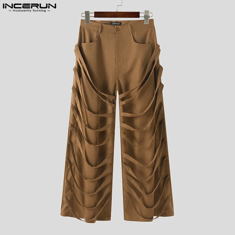 INCERUN 2024 Korean Style Trousers Fashion Men's Personality Tie Belt Decorative Pants Stylish Male Straight Leg Pantalons S-5XL