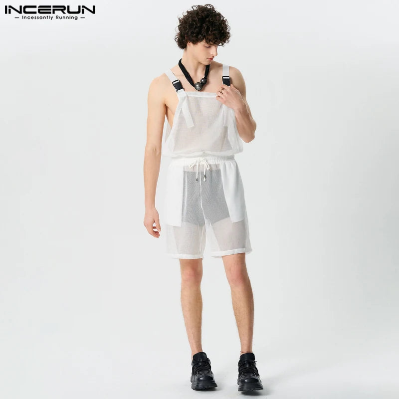 INCERUN Men Jumpsuits Shorts Mesh Transparent Solid Drawstring Rompers Men Streetwear 2024 Loose Sleeveless Straps Playsuits