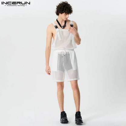 INCERUN Hommes Combinaisons Shorts Maille Transparent Solide Cordon Barboteuses Hommes Streetwear 2024 Lâche Sans Manches Bretelles Combinaisons