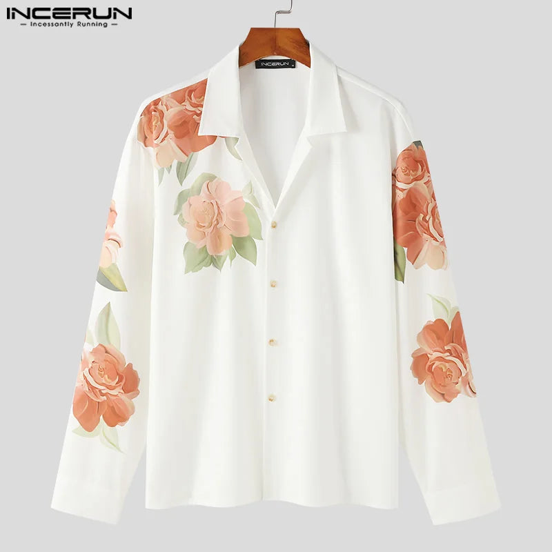 Mode gut sitzende Tops INCERUN Neue Männer leicht Perspektive Rose Shirt Casual Streetwear Langarm Revers Bluse S-5XL 2024