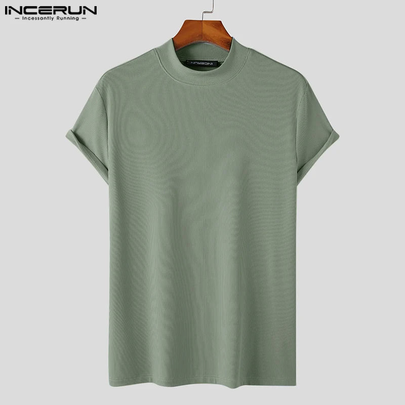 INCERUN Hommes T-shirt Couleur Unie Col Roulé Manches Courtes Homme T-shirt Hauts Streetwear Fitness Cozy 2023 Été Décontracté Camisetas S-5XL