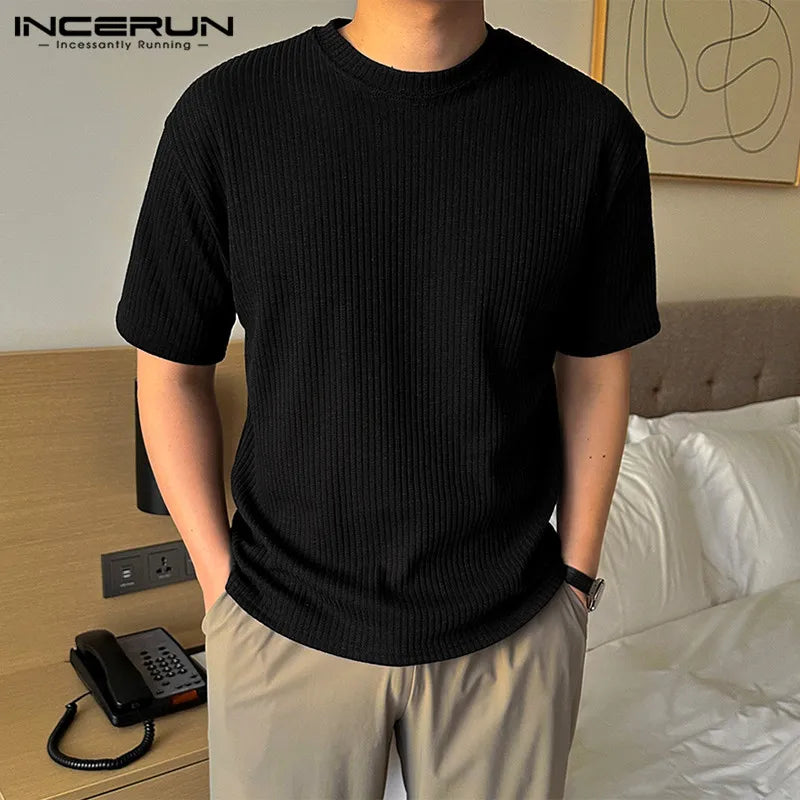 INCERUN Tops 2024 Korean Style Mens Solid Simple Knitted Fabric T-shirts Casual Well Fitting O-neck Short Sleeved Camiseta S-5XL