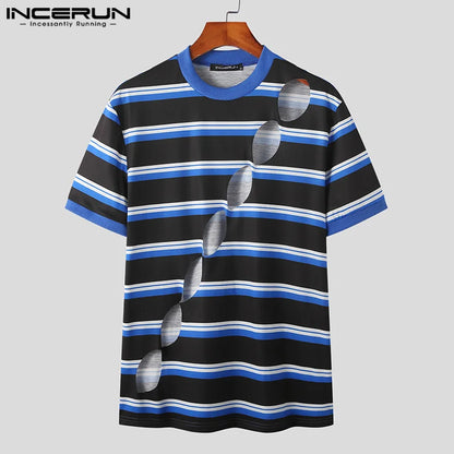 INCERUN Tops 2023 American Style Men's Patchwork Striped Button T-shirts Casual Streetwear Hollowed Short Sleeved Camiseta S-5XL