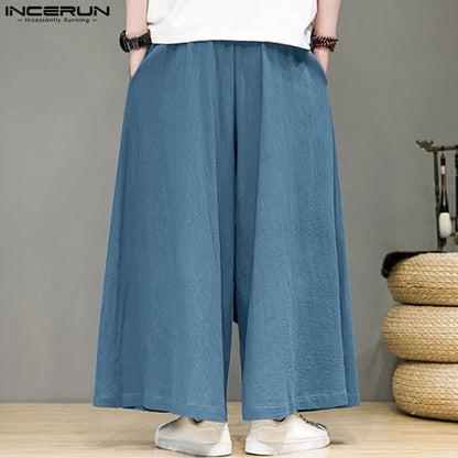 INCERUN 2023 Chinese Style Men's Long Pants Cotton Linen Straight Tube Trousers Solid Loose Size Wide Leg Casual Pantalons S-5XL