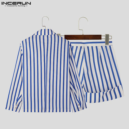 INCERUN 2024 American Style Sets Handsome Men's Fashion Striped Long Sleeved Suit Shorts Casual Streetwear Two-piece Sets S-5XL