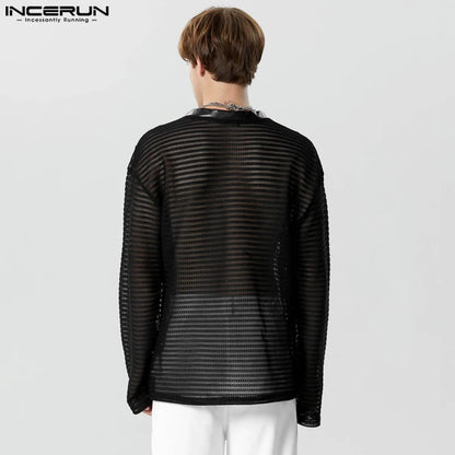 INCERUN Tops 2023 American Style Fashionable Mens Layered Mesh Design T-shirts Casual Solid Long Sleeved Pullover Camiseta S-5XL