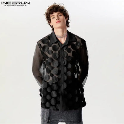 INCERUN Tops 2024 American Style Men's Personalized Petal Mesh Design Shirts Fashion Party Shows Thin Long Sleeved Shirts S-5XL