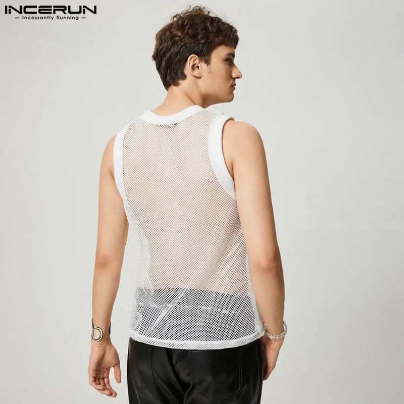 INCERUN Tops 2023 American Style New Men See-through Mesh Waistcoat Fashion Casual Male Hot Sale Knit Sleeveless Tank Tops S-5XL