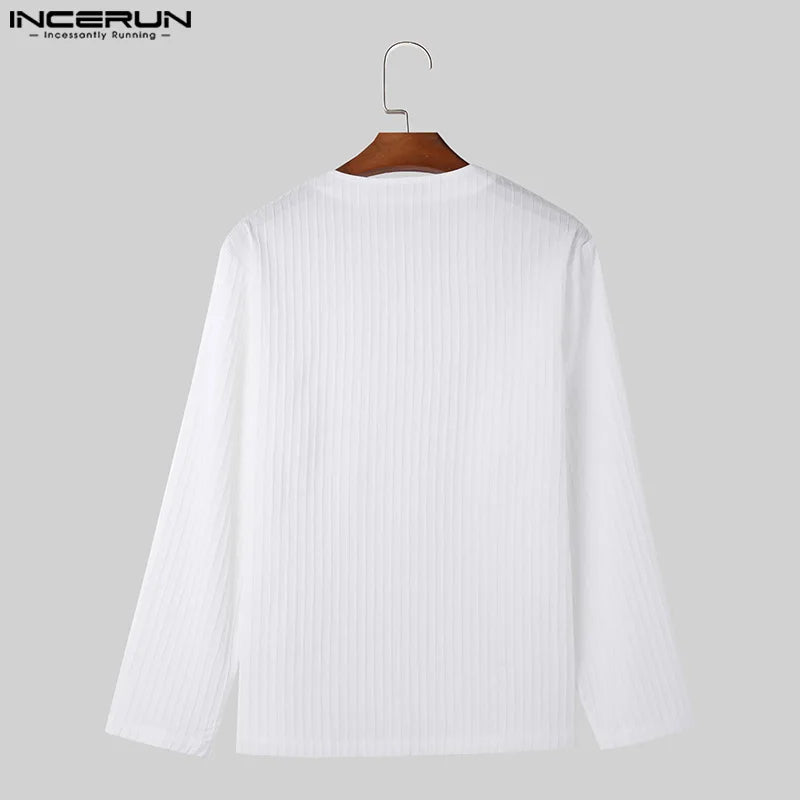 INCERUN Tops 2024 Korean Style Fashion New Men V-neck Pleated Camiseta Casual Solid All-match Simple Long Sleeved T-shirts S-5XL