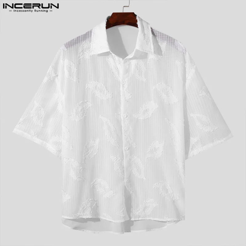 Fashion Well Fitting Tops INCERUN New Men Slightly Transparent Mesh Shirts Casual Streetwear Thin Lapel Mid Sleeved Blouse S-5XL