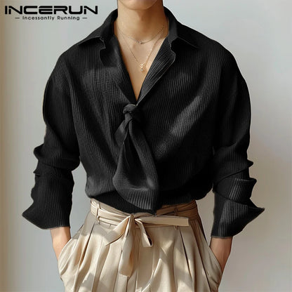 INCERUN Tops 2024 Korean Style Men Casual Simple Texture Tie Design Shirts Autumn Winter Fashion Male Long Sleeved Blouse S-5XL