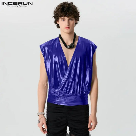 Fashion Casual Style Tops INCERUN New Men's V-neck Flash Fabric T-shirts Casual Loose Comfortable Sleeveless Camiseta S-5XL 2024