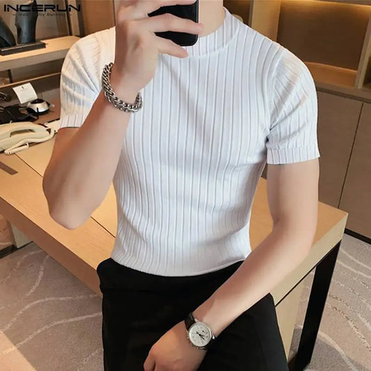 INCERUN Tops 2024 Korean Style New Men's Solid Pit Stripe Knitte T-shirts Fashion Male Solid Elastic Short Sleeve Camiseta S-5XL