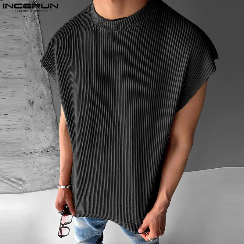 Fashion Well Fitting Tops INCERUN Men's Solid Pit Stripe Texture Vests Summer Casual Streetwear Loose Sleeveless Tank Tops S-5XL