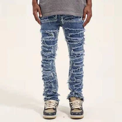 Retro-Loch-Rippen-Jeans für Herren, gerade gewaschen, Harajuku, Hip-Hop, lockere Jeanshose, Vibe-Stil, lässige Jeanshose