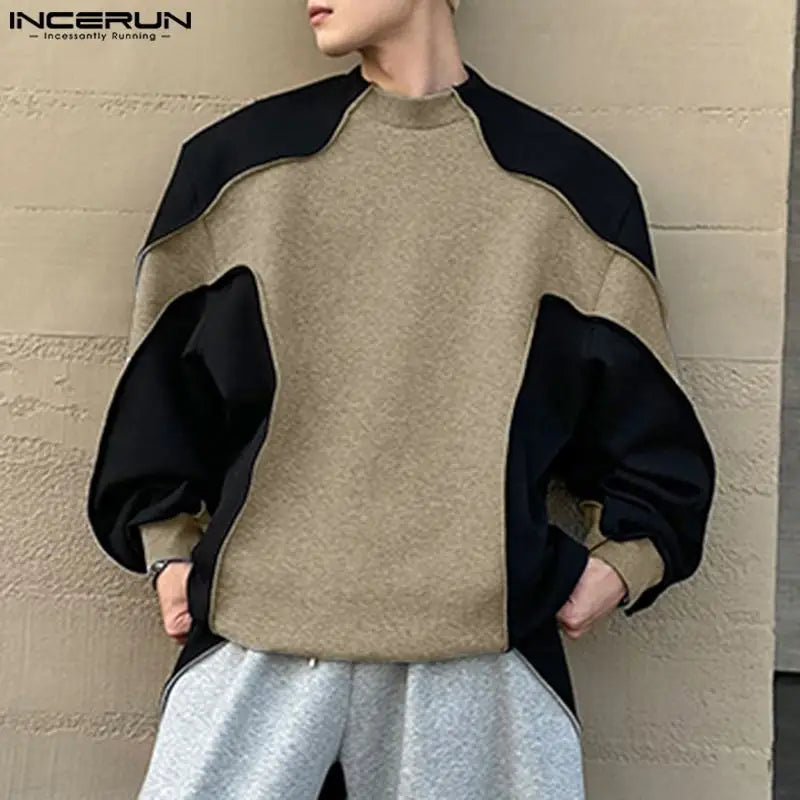 Fashion Casual Style Tops INCERUN Mens Contrast Deconstruction Design Sweaters Handsome Male O-neck Long Sleeved Pullovers S-5XL