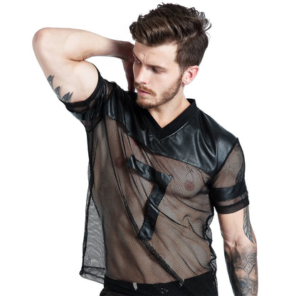 CLEVER-MENMODE Sexy Herren Netz-T-Shirt PU Kunstleder Mesh Shirts Durchsichtige Tops T-Shirt Transparent Kurzarm Bühnen-Clubwear