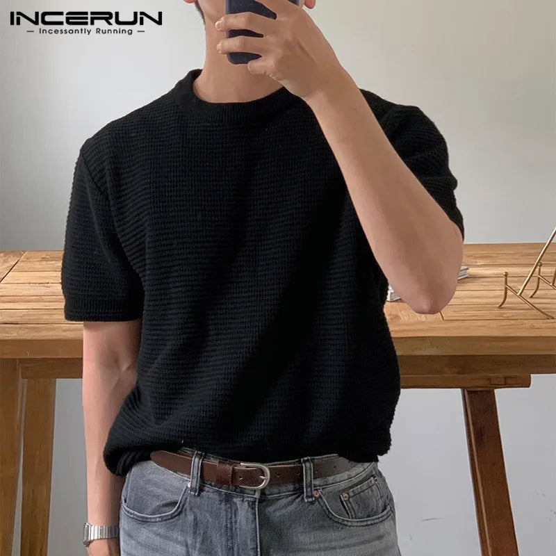 INCERUN Tops 2023 Korean Style Men Knitted Design T-shirts Casual Streetwear Male Solid Comfortable Short Sleeved Camiseta S-5XL