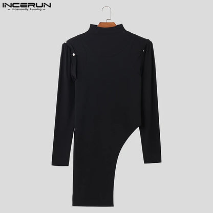 INCERUN Men Irregular T Shirts Patchwork Long Sleeve Off Shoulder Patchwork Turtleneck Men Clothing Streetwear 2023 Camisetas