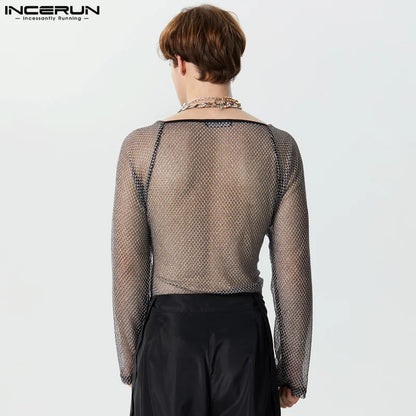 Sexy Fashionable Style Tops INCERUN Men Sparkling See-through Mesh Fabric T-shirt Male Hollow Design Long Sleeved Camiseta S-3XL