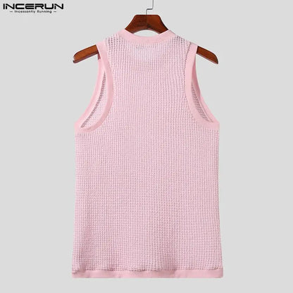 INCERUN Tops 2023 American Style Men Casual O-neck Breathable Mesh Tank Tops Stylish Male Solid All-match Sleeveless Vests S-5XL