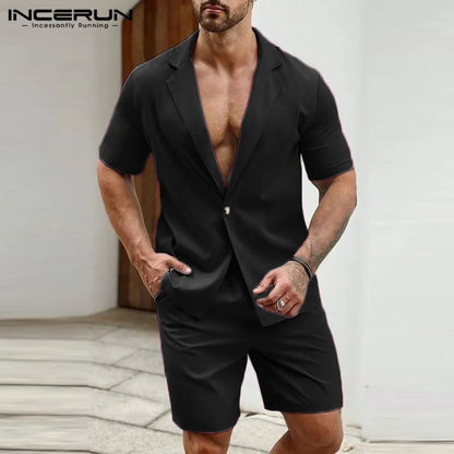 INCERUN 2024 Style américain Nouveaux ensembles de mode pour hommes Blazer à manches courtes solide Shorts décontractés Streetwear hommes deux pièces ensembles S-5XL