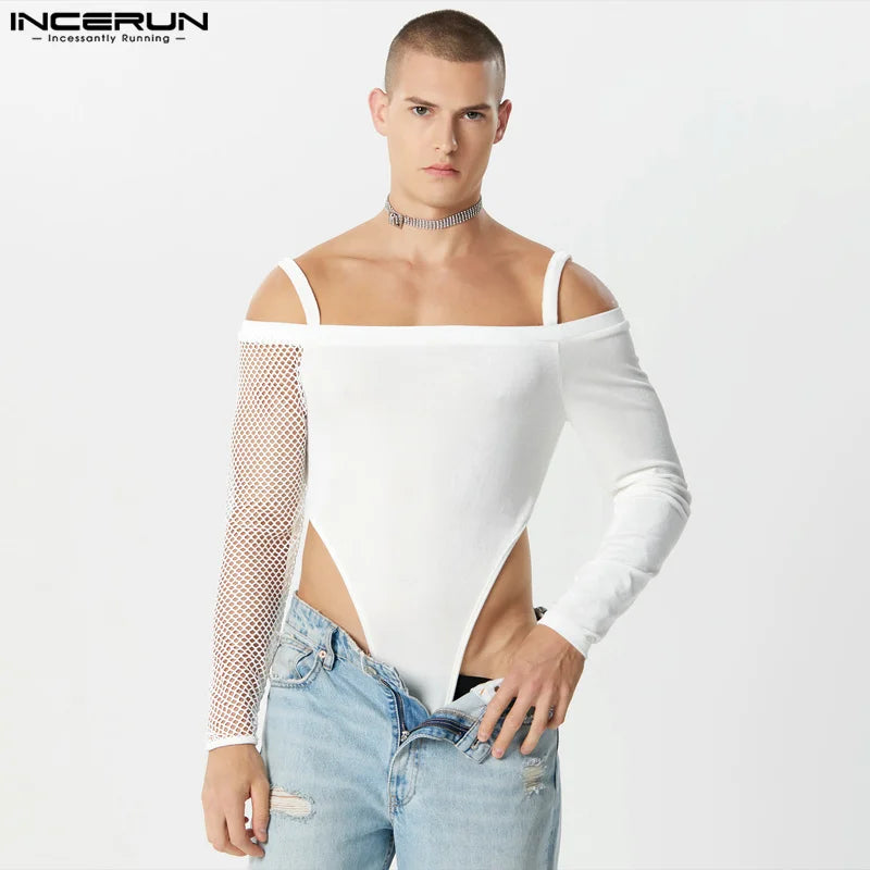 INCERUN 2024 Sexy Stil Neue Männer Homewear Fashion Solid Alle-spiel Bodys Hübscher Männlicher Graben Mesh Lange Seeved Overall S-5XL