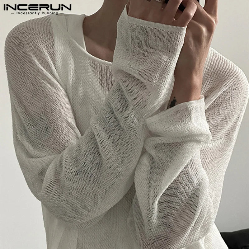 INCERUN Tops 2024 Korean Style New Men's Hollowed Knitted Design T-shirt Casual Streetwear Male Thin Long Sleeved Camiseta S-5XL