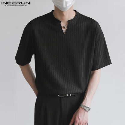 INCERUN Tops 2024 Handsome Men's Simple Small V-neck Striped Design T-shirts Male Casual Streetwear Short Sleeved Camiseta S-5XL