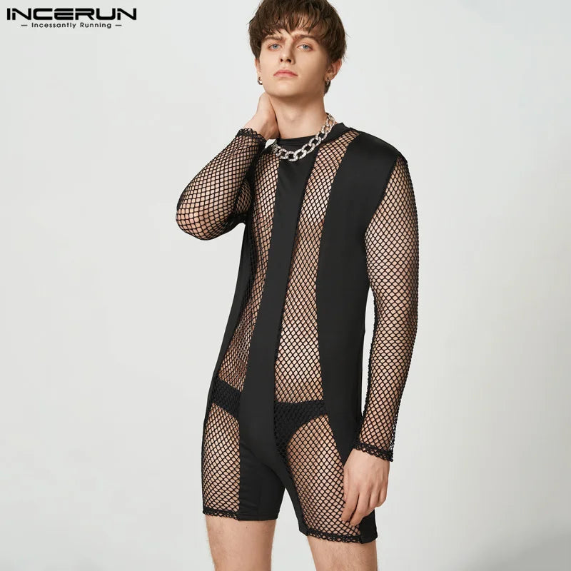 INCERUN Sexy Mesh Loungewear Neue Männer Durchsichtigen Mesh Bodysuit Sexy Stilvolle Männlichen Spleißen Solide Langarm Strampler S-5XL 2024