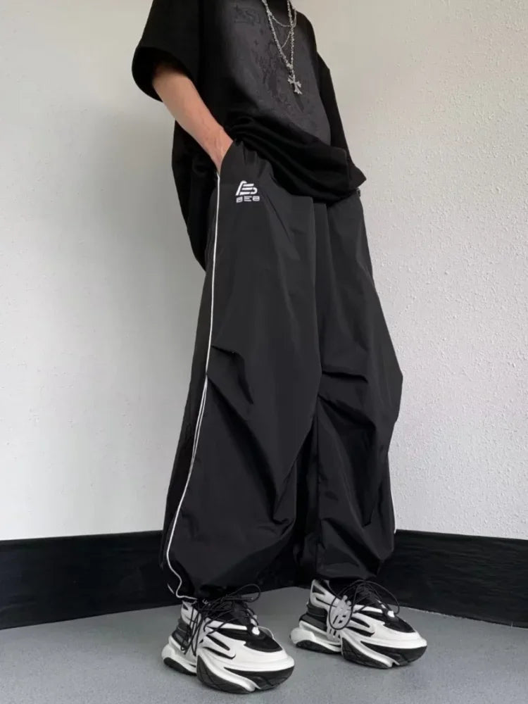 HOUZHOU Herren Sporthose Baggy Parachute Pants Y2K Oversize Jogger Streetwear Trainingsanzug Schwarze Hose mit weitem Bein