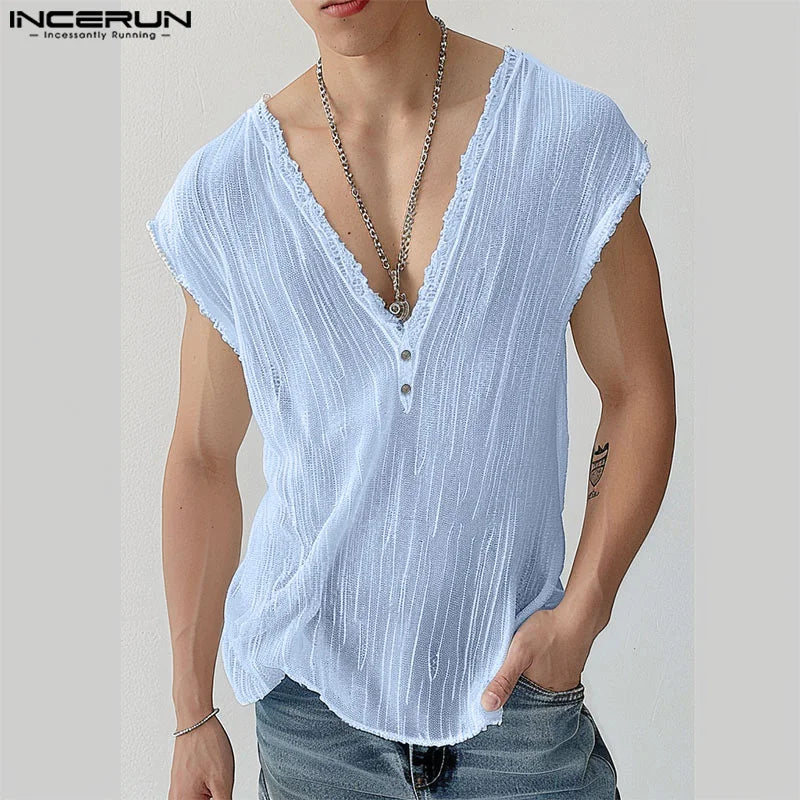 INCERUN Tops 2024 Koreanischen Stil Herren Casual Perspektive V-Ausschnitt Westen Mode Unregelmäßige Linie Spleißen Ärmellose Tank Tops S-5XL